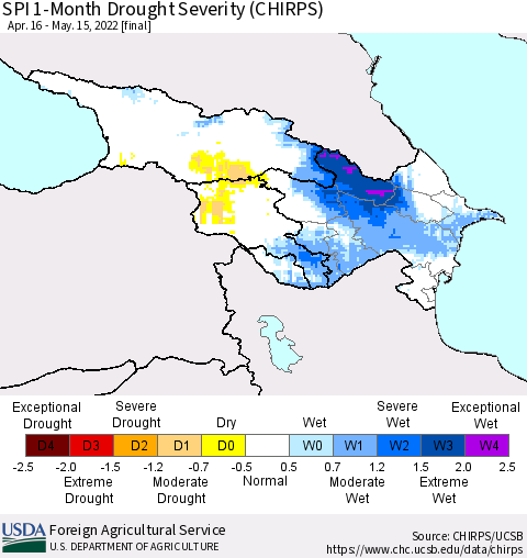 Azerbaijan, Armenia and Georgia SPI 1-Month Drought Severity (CHIRPS) Thematic Map For 4/16/2022 - 5/15/2022