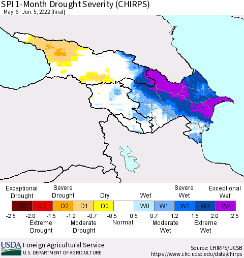 Azerbaijan, Armenia and Georgia SPI 1-Month Drought Severity (CHIRPS) Thematic Map For 5/6/2022 - 6/5/2022