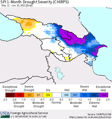 Azerbaijan, Armenia and Georgia SPI 1-Month Drought Severity (CHIRPS) Thematic Map For 5/11/2022 - 6/10/2022
