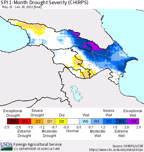Azerbaijan, Armenia and Georgia SPI 1-Month Drought Severity (CHIRPS) Thematic Map For 5/21/2022 - 6/20/2022