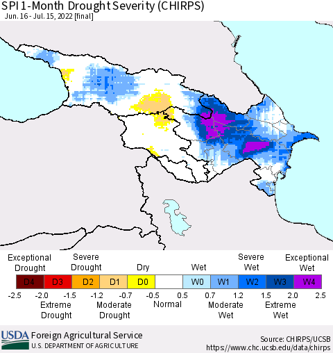 Azerbaijan, Armenia and Georgia SPI 1-Month Drought Severity (CHIRPS) Thematic Map For 6/16/2022 - 7/15/2022