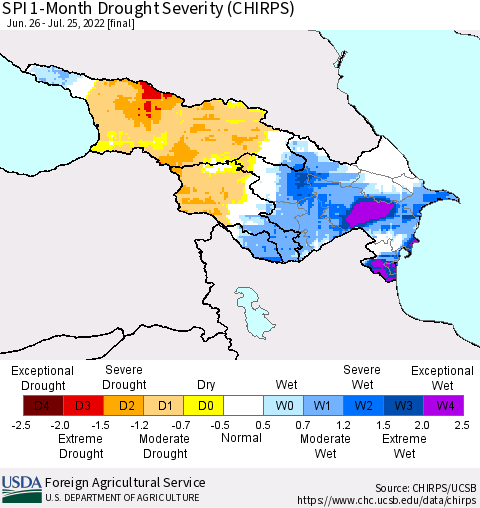 Azerbaijan, Armenia and Georgia SPI 1-Month Drought Severity (CHIRPS) Thematic Map For 6/26/2022 - 7/25/2022