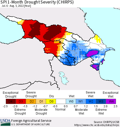 Azerbaijan, Armenia and Georgia SPI 1-Month Drought Severity (CHIRPS) Thematic Map For 7/6/2022 - 8/5/2022