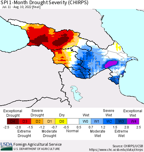 Azerbaijan, Armenia and Georgia SPI 1-Month Drought Severity (CHIRPS) Thematic Map For 7/11/2022 - 8/10/2022