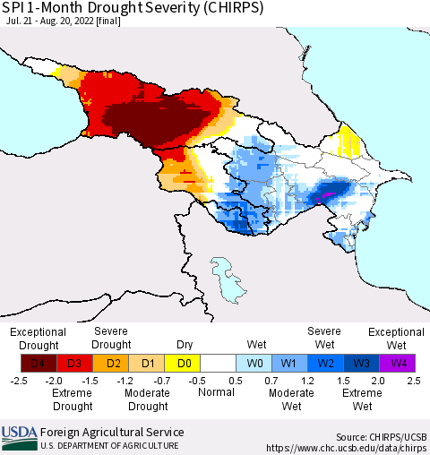 Azerbaijan, Armenia and Georgia SPI 1-Month Drought Severity (CHIRPS) Thematic Map For 7/21/2022 - 8/20/2022