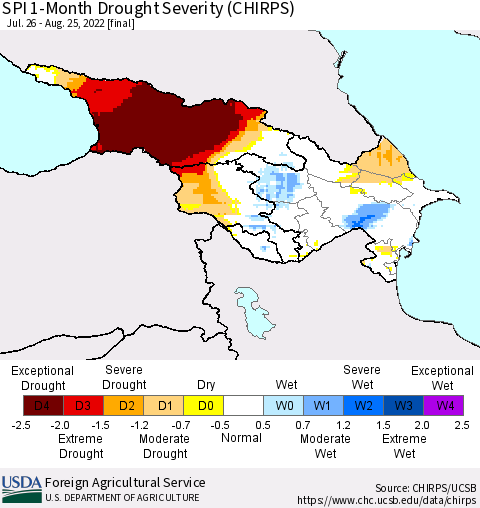 Azerbaijan, Armenia and Georgia SPI 1-Month Drought Severity (CHIRPS) Thematic Map For 7/26/2022 - 8/25/2022