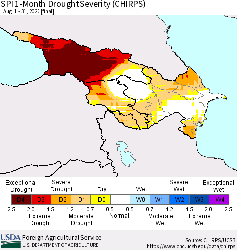 Azerbaijan, Armenia and Georgia SPI 1-Month Drought Severity (CHIRPS) Thematic Map For 8/1/2022 - 8/31/2022