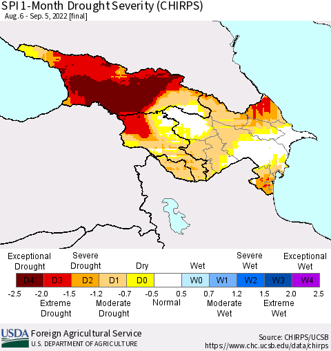 Azerbaijan, Armenia and Georgia SPI 1-Month Drought Severity (CHIRPS) Thematic Map For 8/6/2022 - 9/5/2022