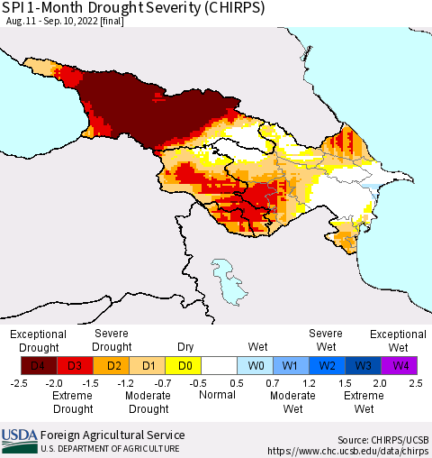 Azerbaijan, Armenia and Georgia SPI 1-Month Drought Severity (CHIRPS) Thematic Map For 8/11/2022 - 9/10/2022