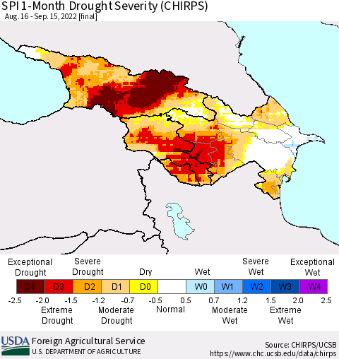 Azerbaijan, Armenia and Georgia SPI 1-Month Drought Severity (CHIRPS) Thematic Map For 8/16/2022 - 9/15/2022