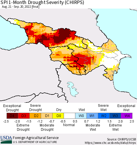 Azerbaijan, Armenia and Georgia SPI 1-Month Drought Severity (CHIRPS) Thematic Map For 8/21/2022 - 9/20/2022