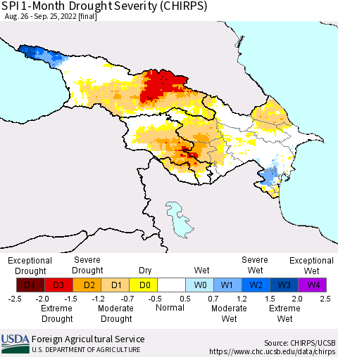 Azerbaijan, Armenia and Georgia SPI 1-Month Drought Severity (CHIRPS) Thematic Map For 8/26/2022 - 9/25/2022