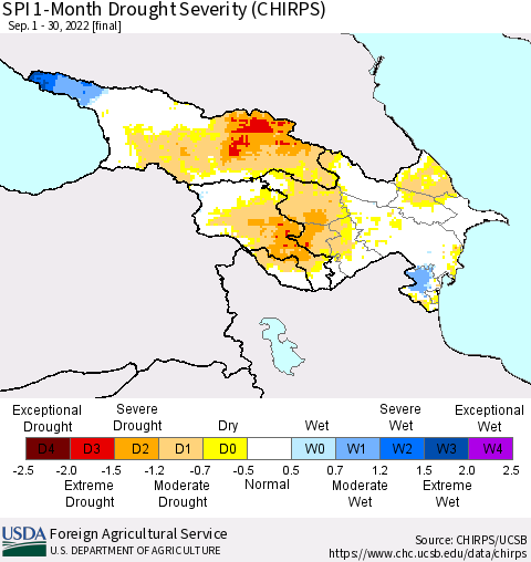 Azerbaijan, Armenia and Georgia SPI 1-Month Drought Severity (CHIRPS) Thematic Map For 9/1/2022 - 9/30/2022