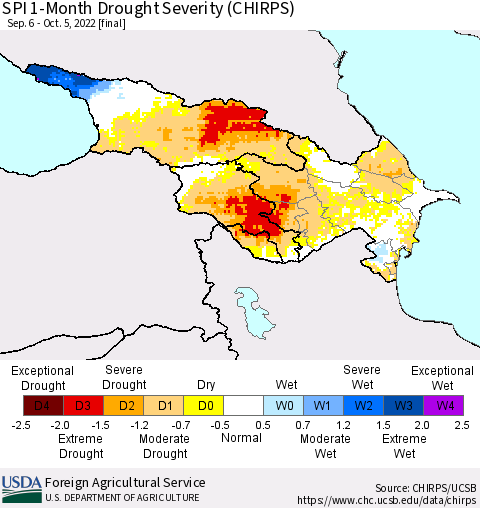 Azerbaijan, Armenia and Georgia SPI 1-Month Drought Severity (CHIRPS) Thematic Map For 9/6/2022 - 10/5/2022