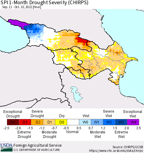 Azerbaijan, Armenia and Georgia SPI 1-Month Drought Severity (CHIRPS) Thematic Map For 9/11/2022 - 10/10/2022