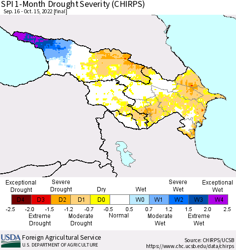 Azerbaijan, Armenia and Georgia SPI 1-Month Drought Severity (CHIRPS) Thematic Map For 9/16/2022 - 10/15/2022