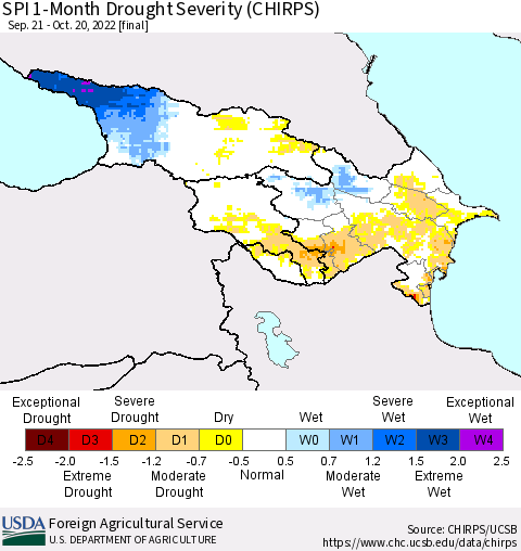 Azerbaijan, Armenia and Georgia SPI 1-Month Drought Severity (CHIRPS) Thematic Map For 9/21/2022 - 10/20/2022