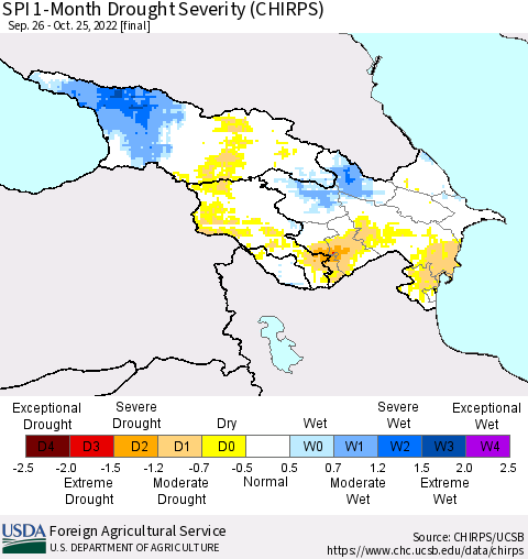 Azerbaijan, Armenia and Georgia SPI 1-Month Drought Severity (CHIRPS) Thematic Map For 9/26/2022 - 10/25/2022