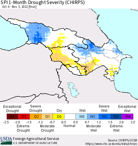 Azerbaijan, Armenia and Georgia SPI 1-Month Drought Severity (CHIRPS) Thematic Map For 10/6/2022 - 11/5/2022