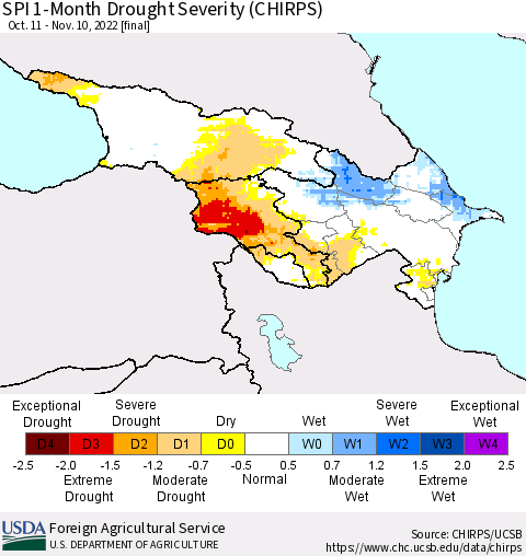 Azerbaijan, Armenia and Georgia SPI 1-Month Drought Severity (CHIRPS) Thematic Map For 10/11/2022 - 11/10/2022