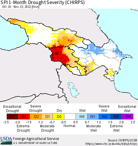 Azerbaijan, Armenia and Georgia SPI 1-Month Drought Severity (CHIRPS) Thematic Map For 10/16/2022 - 11/15/2022