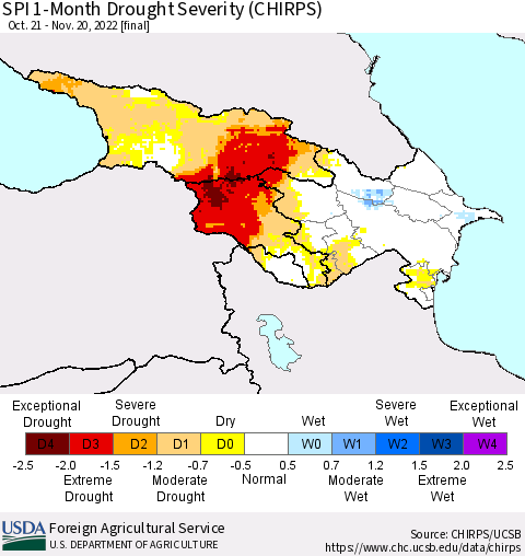 Azerbaijan, Armenia and Georgia SPI 1-Month Drought Severity (CHIRPS) Thematic Map For 10/21/2022 - 11/20/2022