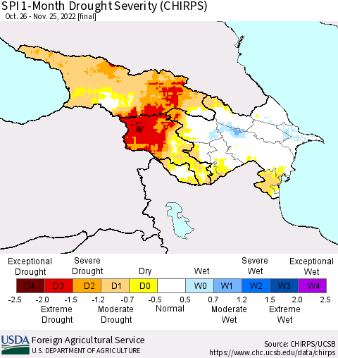 Azerbaijan, Armenia and Georgia SPI 1-Month Drought Severity (CHIRPS) Thematic Map For 10/26/2022 - 11/25/2022