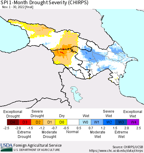 Azerbaijan, Armenia and Georgia SPI 1-Month Drought Severity (CHIRPS) Thematic Map For 11/1/2022 - 11/30/2022