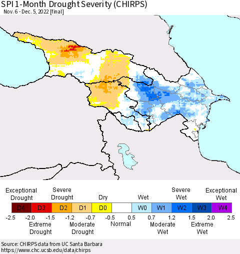 Azerbaijan, Armenia and Georgia SPI 1-Month Drought Severity (CHIRPS) Thematic Map For 11/6/2022 - 12/5/2022