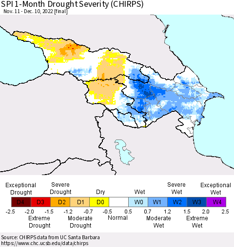 Azerbaijan, Armenia and Georgia SPI 1-Month Drought Severity (CHIRPS) Thematic Map For 11/11/2022 - 12/10/2022