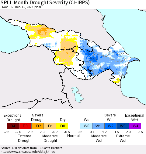 Azerbaijan, Armenia and Georgia SPI 1-Month Drought Severity (CHIRPS) Thematic Map For 11/16/2022 - 12/15/2022