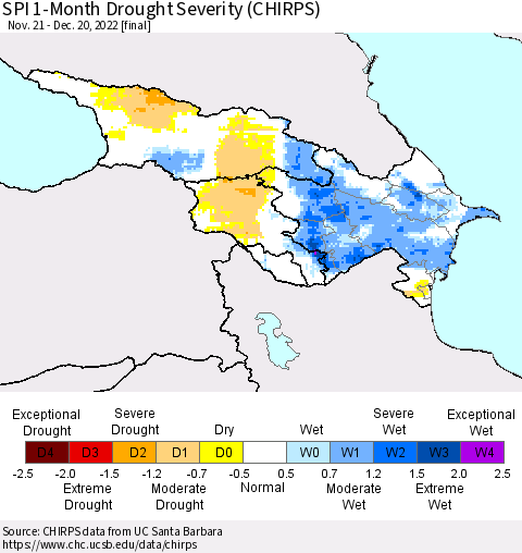 Azerbaijan, Armenia and Georgia SPI 1-Month Drought Severity (CHIRPS) Thematic Map For 11/21/2022 - 12/20/2022