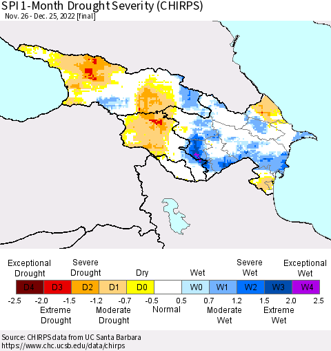 Azerbaijan, Armenia and Georgia SPI 1-Month Drought Severity (CHIRPS) Thematic Map For 11/26/2022 - 12/25/2022