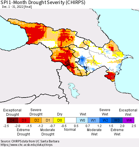 Azerbaijan, Armenia and Georgia SPI 1-Month Drought Severity (CHIRPS) Thematic Map For 12/1/2022 - 12/31/2022