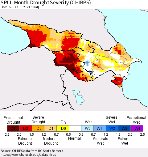 Azerbaijan, Armenia and Georgia SPI 1-Month Drought Severity (CHIRPS) Thematic Map For 12/6/2022 - 1/5/2023