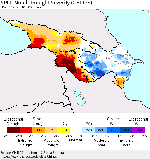 Azerbaijan, Armenia and Georgia SPI 1-Month Drought Severity (CHIRPS) Thematic Map For 12/11/2022 - 1/10/2023