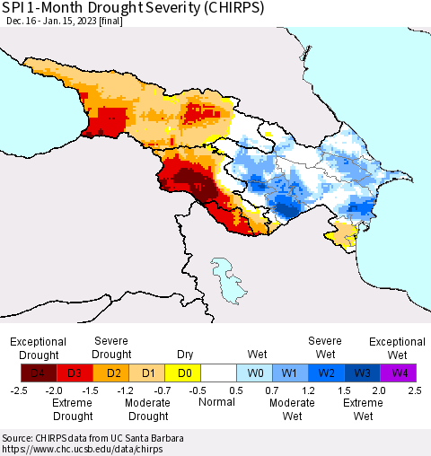 Azerbaijan, Armenia and Georgia SPI 1-Month Drought Severity (CHIRPS) Thematic Map For 12/16/2022 - 1/15/2023