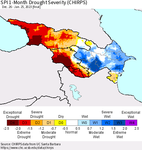 Azerbaijan, Armenia and Georgia SPI 1-Month Drought Severity (CHIRPS) Thematic Map For 12/26/2022 - 1/25/2023