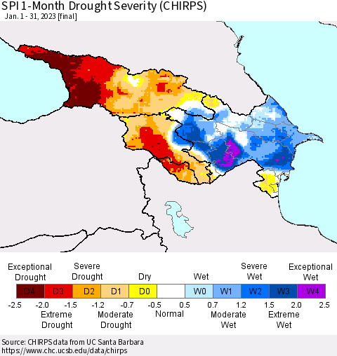 Azerbaijan, Armenia and Georgia SPI 1-Month Drought Severity (CHIRPS) Thematic Map For 1/1/2023 - 1/31/2023