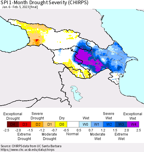 Azerbaijan, Armenia and Georgia SPI 1-Month Drought Severity (CHIRPS) Thematic Map For 1/6/2023 - 2/5/2023