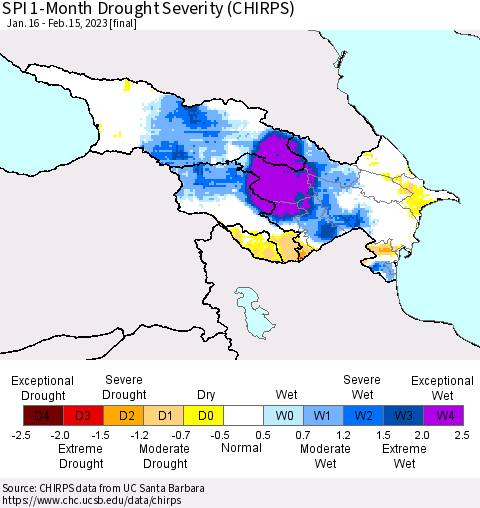 Azerbaijan, Armenia and Georgia SPI 1-Month Drought Severity (CHIRPS) Thematic Map For 1/16/2023 - 2/15/2023
