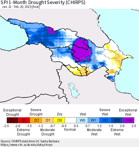 Azerbaijan, Armenia and Georgia SPI 1-Month Drought Severity (CHIRPS) Thematic Map For 1/21/2023 - 2/20/2023