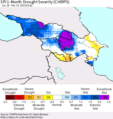 Azerbaijan, Armenia and Georgia SPI 1-Month Drought Severity (CHIRPS) Thematic Map For 1/26/2023 - 2/25/2023