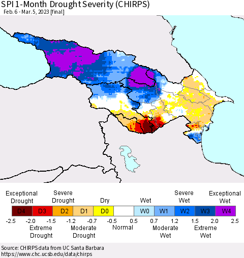 Azerbaijan, Armenia and Georgia SPI 1-Month Drought Severity (CHIRPS) Thematic Map For 2/6/2023 - 3/5/2023
