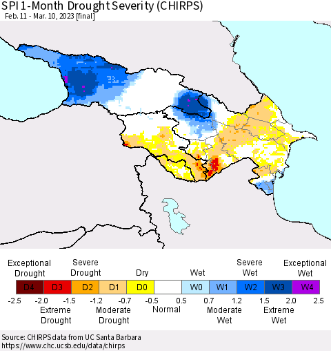 Azerbaijan, Armenia and Georgia SPI 1-Month Drought Severity (CHIRPS) Thematic Map For 2/11/2023 - 3/10/2023