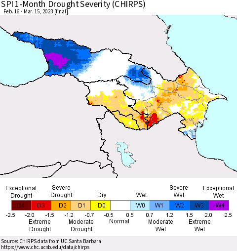 Azerbaijan, Armenia and Georgia SPI 1-Month Drought Severity (CHIRPS) Thematic Map For 2/16/2023 - 3/15/2023