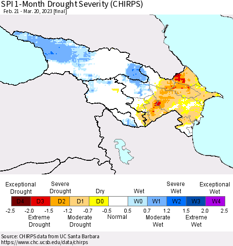 Azerbaijan, Armenia and Georgia SPI 1-Month Drought Severity (CHIRPS) Thematic Map For 2/21/2023 - 3/20/2023