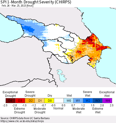 Azerbaijan, Armenia and Georgia SPI 1-Month Drought Severity (CHIRPS) Thematic Map For 2/26/2023 - 3/25/2023