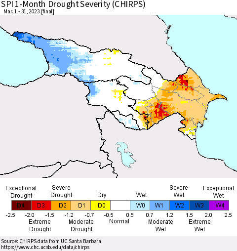 Azerbaijan, Armenia and Georgia SPI 1-Month Drought Severity (CHIRPS) Thematic Map For 3/1/2023 - 3/31/2023