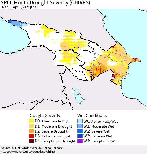Azerbaijan, Armenia and Georgia SPI 1-Month Drought Severity (CHIRPS) Thematic Map For 3/6/2023 - 4/5/2023
